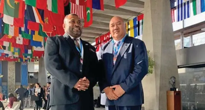 Minister for Health and Medical Services Dr Ifereimi Waqainabete, left, at the WHO 144th Session of the Executive Board Meeting in Geneva, Switzerland. Photo: DEPTFO News