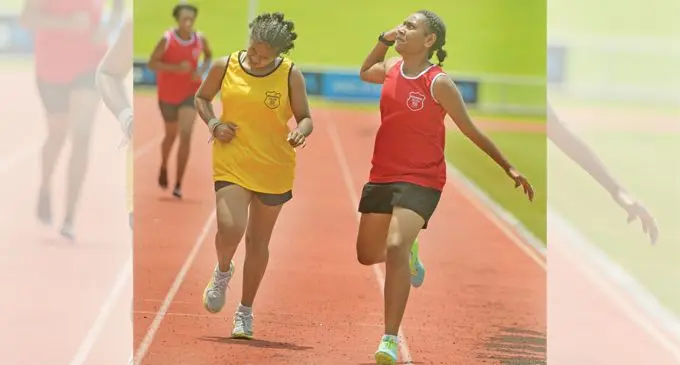 Katarina Benny (right) crosses lane and disqualified during the 400metres senior girls final. Alanasio Rokobalini (left) was declared the winner during the ANZ Stadium, Suva, on February 24, 2021. Photo: Ronald Kumar