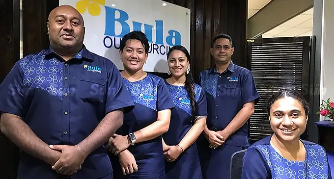 Bula Outsourcing staff members from left: Saimoni Buadromo (Client Service Officer), Miriama Rayawa (Client Service Officer), Jemima King (Marketing Team Lead), Grant Peterson (Team Leader) and Ani Vatetei (Personal Assistant at the office based at Ganilau House in Suva on April 6, 2022. File Photo: Laisa Lui