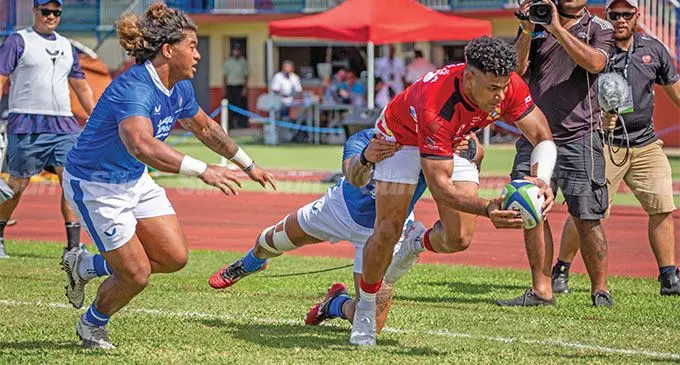 Tonga’s second fight eight Fetuli Paea dives over to score a try against Manu Samoa during their World Rugby Pacific Nations Cup clash at Churchill Park, Lautoka on July 9, 2022. Photo: Leon Lord