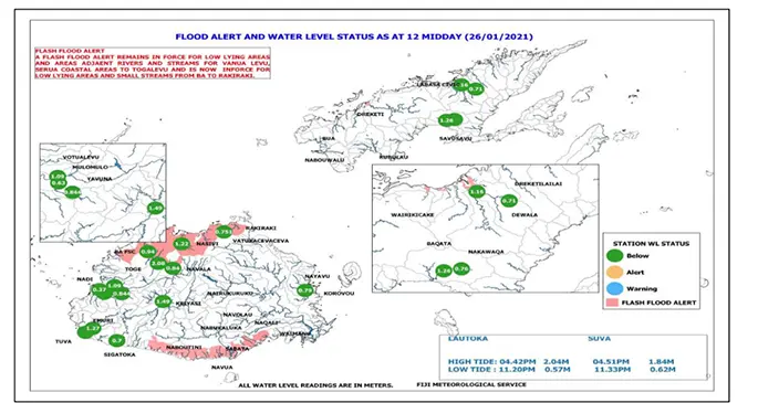 Figure 2: Flash Flood Alert Map at 12pm today, 26 January, 2021.