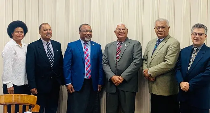 Members of the Parliamentary Standing Committee on Foreign Affairs and Defence (from left:) Lenora Qereqeretabua, Dr Salik Govind, Pacific Island Development Forum Secretary General Ambassador Solo Mara, Committee Chair Alexander O’Connor, Committee Member Anare Jale and PIDF Programme Manager Mark Borg at the Parliament’s Committee Room yesterday. Photo: Fonua Talei