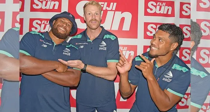 Fijian Drua reps Jone Koroiduadua (left), Baden Kerr and Zuriel Togiatama in Suva on April 27, 2022. Photo: Ronald Kumar