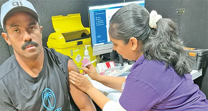 Team Fiji men’s rugby sevens rep Kitione Taliga gets vaccinated furing the Oceania 7s competition in Townsville, Australia . Photo: Pacific AUSsports