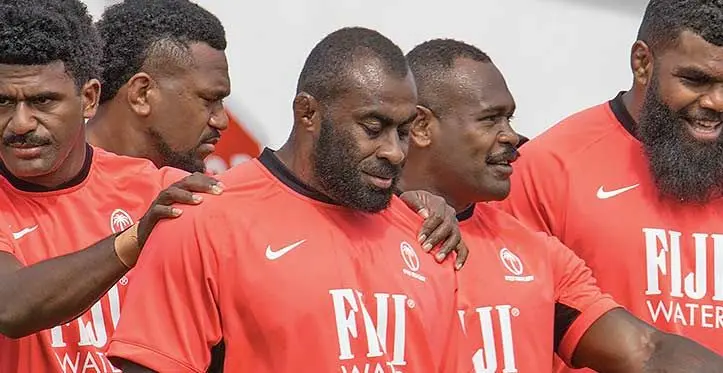 Flying Fijians forwards (from left) Eroni Mawi, Peni Ravai and Levani in Bordeaux, France, on September 3, 2023. Photo: FRU Media
