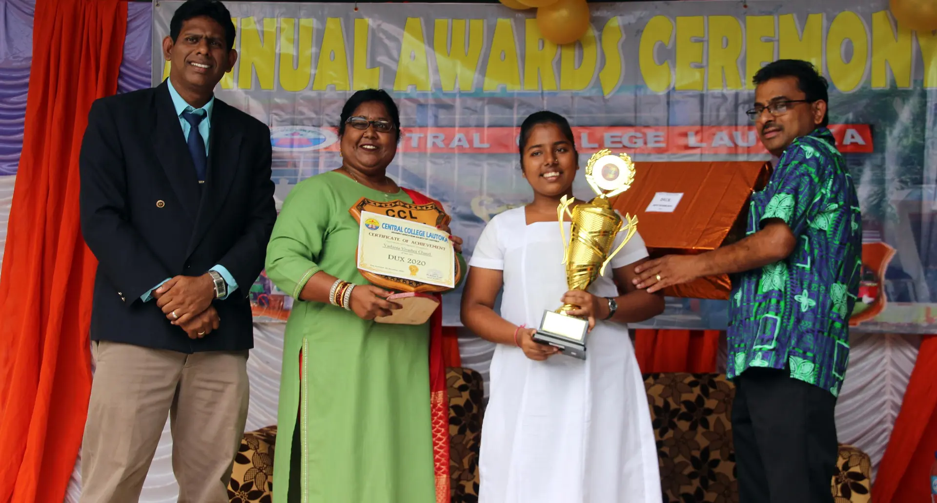 From left: Central College principal, Amant Lal, (mother of dux), Maheshwari Chand, College dux, Vashinta Vashni Chand and her father, Dinesh Chand during the school’s annual prizegiving ceremony.
