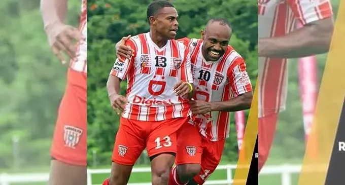 4R Electrical Labasa strikers Ratu Anare and Christopher Wasasala on attack during the Digicel Fiji FACT final. Photo: Fiji FA