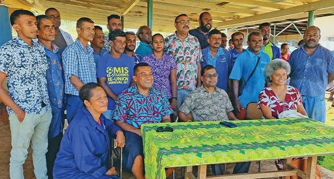 Minister for Housing and Local Government, Maciu Katamotu (sitting second from left) with Deputy Prime Minister and Minister for Finance, Biman Prasad (sitting third from left), and Assistant Minister for Housing and Local Government, Lenora Qereqeretabua (sitting fourth from left), during their visit to the Fiji Rice Pte Limited in Dreketi, on March 15, 2023. Photo: Sampras Anand