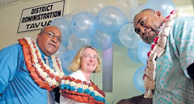 From left: Pacific Community Building Safety and Resilience in the Pacific project manager Taito Nakalevu, EU team leader of economic cooperation and agriculture Emmanuelle Guiheneuf, and Assistant Minister for Disaster Management Joeli Cawaki during the opening of the Emergency Operation Centre in Tavua on March 2, 2018. Photo: NDMO