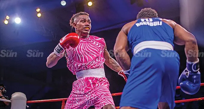 Mikaele ‘Lightning Fists’ Ravolaca (left) in his lightweight fight against Elia Rokobuli at the FMF Gymnasium, Suva, on September 24, 2022. Photo: Leon Lord