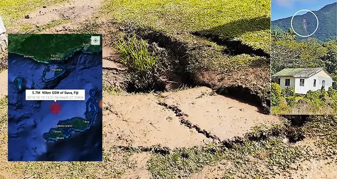 Damage to the ground in Kadavu as a result of the earthquake on October 20, 2019. Inset:A landslide (circled) can be seen on Mt Washington ridge in Kadavu.
