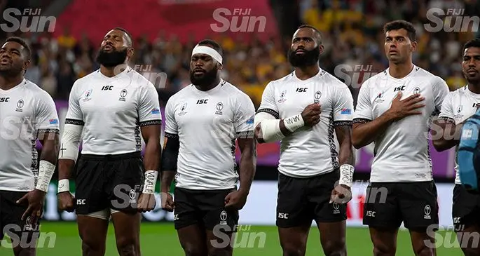 For Fiji...Fiji Airways Flying Fijians before the Australia match at the Sapporo Stadium during their opening match of the RWC 2019. 
