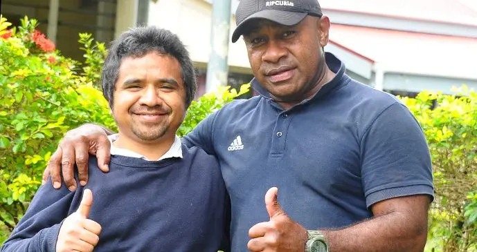 Agustinho Dos Reis De Fatima and retired soldier Orisi Baleitavea Rokovosa. 