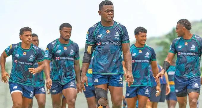 Swire Shipping Fijian Drua players from left: Motikiai Murray, Taniela Rakuro and Isaiah Armstrong-Ravula after their training session on January 20, 2025. Photo: Fijian Drua