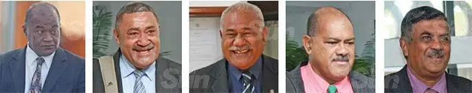 Opposition MPs (from left) Niko Nawaikula, Ratu Suliano Matanitobua, Simione Rasova and Peceli Vosanibola and Govt MP Vijendra Prakash. Photos: Ronald Kumar and Kelera Sovasiga