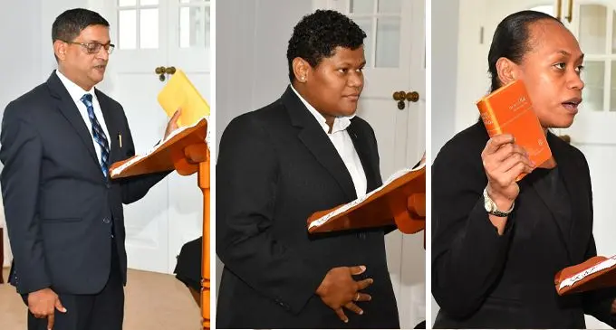 Magistrate Prasad, Magistrate Lagilagi and Magistrate Nasedra during the swearing in ceremony early today. Photo: Fijian Government,