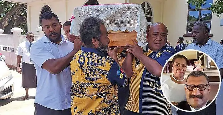 Pallbearers at the funeral service of Asesela and Meresiana Cokanacagi at the Coronation Church at Lautoka on Saturday. Inset: Couple Asesela and Meresiana Cokanacagi. Photos: Mereleki Nai