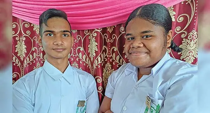 Newly inducted head boy Jubair Ali (left) with head girl Paulini Naidamu at Labasa Muslim College on February 22, 2024. Photo: Shratika Naidu