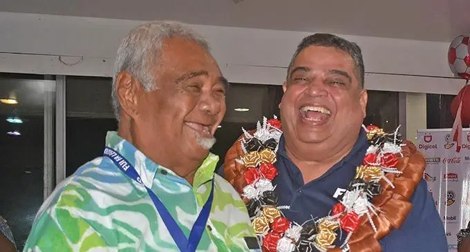 The late Vilitati Lee (left) with Fiji Football Association president Rajesh Patel earlier this year. Photo: Fiji FA Media