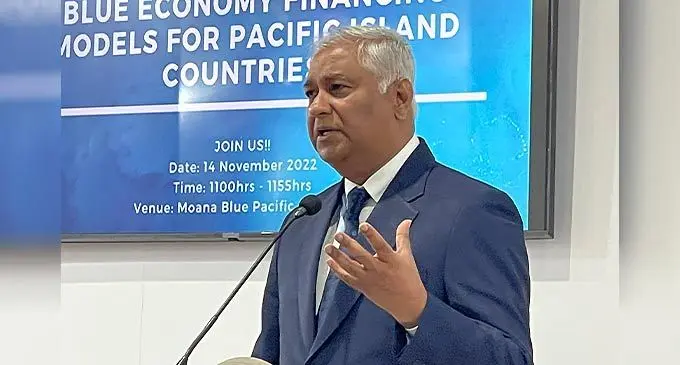 Fiji’s Permanent Representative to the United Nations Satyendra Prasad speaking during a side event at the Moana Blue Pacific Pavilion in Sharm El-Sheikh, Egypt on November 14, 2022