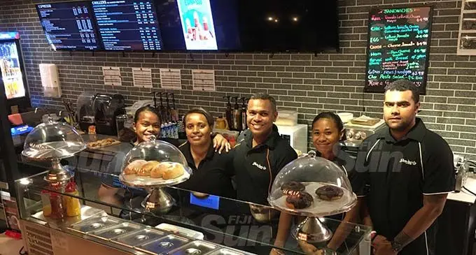 From left: Gloria Jean’s cafe staff members Adi Sovanatabua Marama, Sala Kato, cafe manager Manoa Roko, Christine Erenio and Avuleti Bulai, at Damodar Plaza Village 6 on August 31, 2020. Photo: Frederica Elbourne