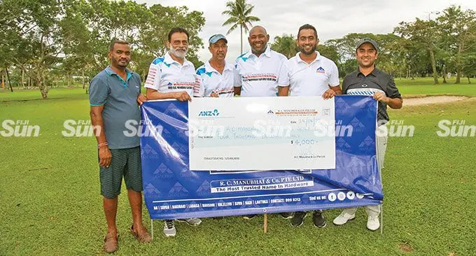 Winnner of the RC Manubhai Fiji Golf Open professional category Tomasi Tuivuna (fourth from left) with the cheque. From left; Rakesh Lal (Regional corporate RC Manubhai), Ashok Patel (director RC Manubhai), Mahmood Buksh (sponsorship committee chairmain Fiji Golf Club), Atish Singh (RC Manubhai group marketing manager) and Vikrant Chandra (Fiji PGA president) at the Fiji Golf Club in Vatuwaqa, Suva, on April 24, 2022. Photo: Leon Lord