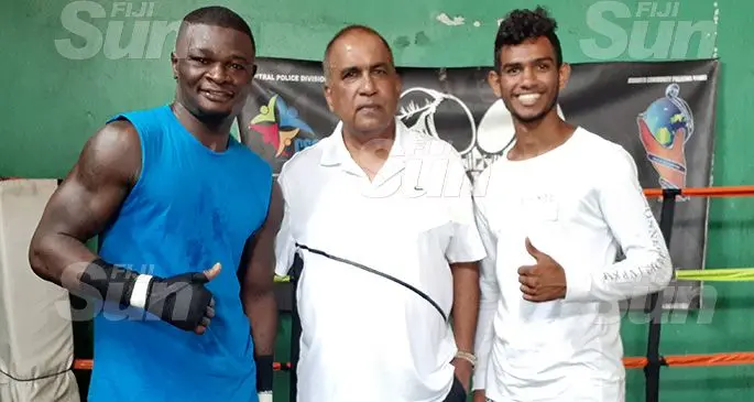 From left; Joseph Kwadjo, South Pacific Boxing promotion director Mohammed Shameem and Nathan Singh at the Uptown Boxing gym in Suva on October 24, 2019. Photo: Simione Haravanua