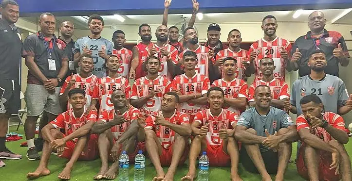 Extra Supermarket Labasa football players and officials in their dressing room at the HFC Bank Stadium in Suva on June 11, 2023. Photo: Ioane Asioli