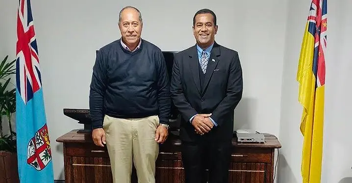 Filimoni Vosarogo with Niue premier Dalton Tagelagi. Photo: Pacific Islands Forum Facebook page
