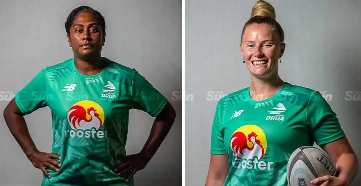 Rooster Chicken Fijiana Drua captain Bitila Tawake and Fijiana Drua lock Jade Coates. Photo: Leon Lord