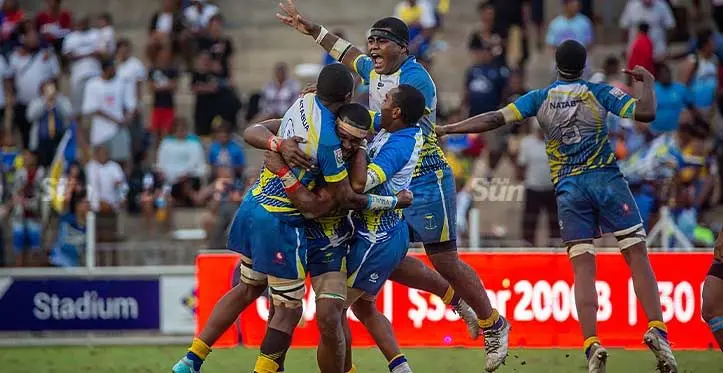 The Natabua Under-18 rugby team celebrate their 29-20 semi-final victory against Marist Brothers High School at the HFC Bank Stadium on August 12, 2023. Photo: Leon Lord