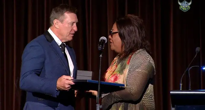 Noa Nadruku's wife Kolora (right) during the Canberra Raiders' Hall of Fame induction in Canberra, Australia. Photo: Canberra Raiders