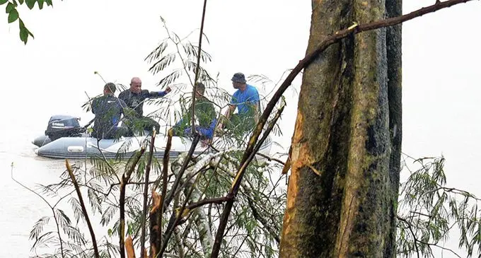 Police divers and forensic officers search for 18-year-old Tasleem Ali, who allegedly lost control of the car he was driving and veered off the road into the Rewa River along Waidra Settlement in Tailevu on April 24, 2019. Parts of the tree, pictured, were damaged as a result of the incident. Police confirmed that Mr Ali was in the vehicle. Initial reports stated three other people were in the vehicle with Mr Ali. This is yet to be verified. Photo: Ronald Kumar
