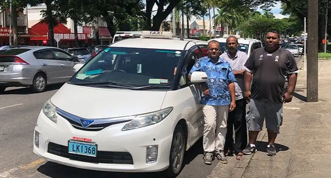 Fiji Cabbies Operators Association president, Jai Subhash (left) with other members of the association in Lautoka on January 27, 2023.