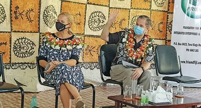 New Zealand’s First Secretary Development to Fiji, Sally Waswo (left) and the New Zealand High Commissioner to Fiji, Jonathan Curr and at the Foundation for Rural Integrated Enterprises and Development (FRIEND) headquarters at Tuvu, Lautoka on November 15, 2021.  Photo: Nicolette Chambers