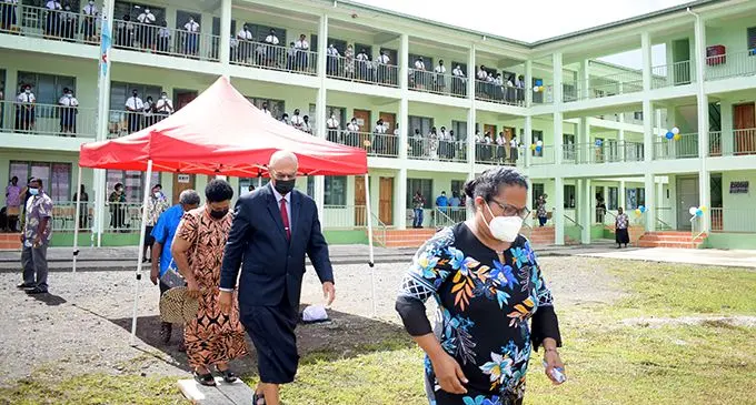 Christian Mission Fellowship (CMF) college Principal Sisilia Racule (right) followed by fellowship founder and President , Rev. Suliasi Kurulo and Mere Kurulo during the opening of  college's special rooms building on 3, November 2021. Photo: Ronald Kumar.