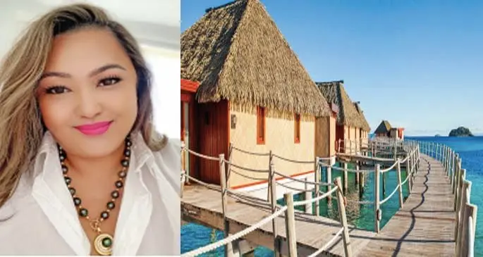 Shahana Kimiangatau, the founder and owner of Shahana Jewels (left) and Likuliku Lagoon Resort overwater bures, in a natural ocean lagoon, surrounded by a protected marine sanctuary(right).