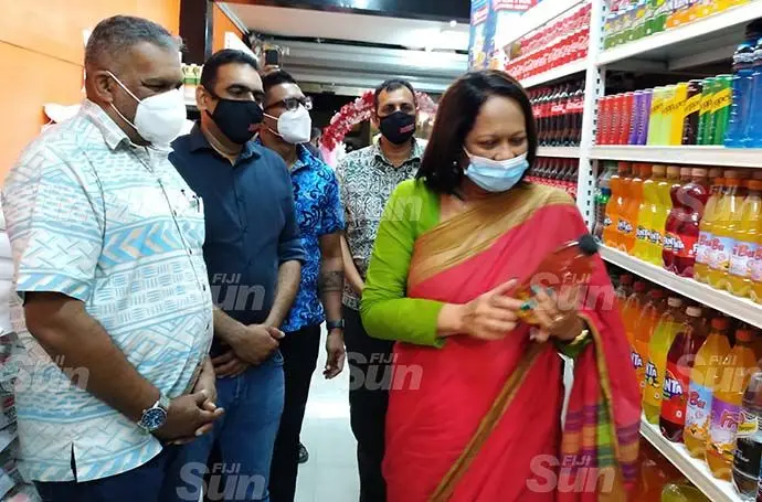 From left: Minister for Commerce, Trade, Tourism and Transport Faiyaz Koya, Mega Supermarker managing director Irish Khan, Fijian Competition and Consumer Commission (FCCC) chief executive officer Joel Abraham, Western Homes Limited managing director Bobby Khan and Minister for Women, Children and Poverty Alleviation Rosy Akbar and at the opening of the Mega Supermarket and Hardware in Votualevu, Nadi, on October 15, 2021. Photo: Charles Chambers