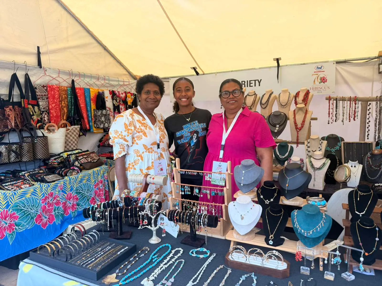 Anita Narayan (centre) with family members Mere Kabakoro (left) and Salanieta Navosa during the FMF Hibiscus Festival at Albert Park in Suva on August 31, 2026.