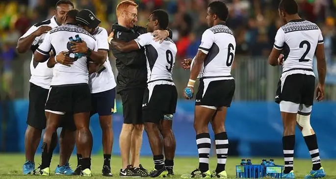 Ben Ryan celebrates with the Fiji 7s team after the gold medal game at the 2016 Olympic Games in Rio Photo: Stuff