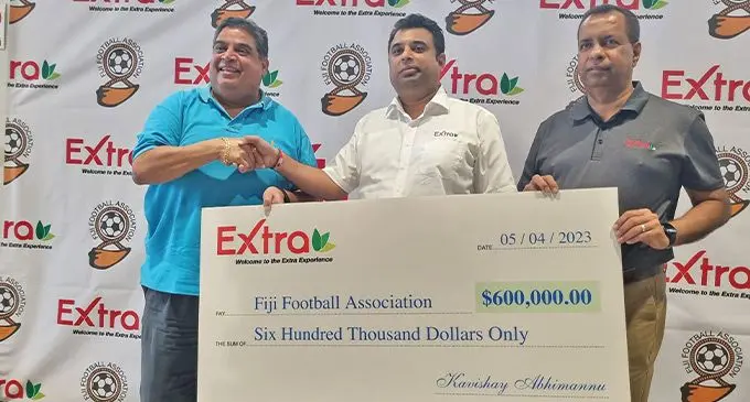 From left: Fiji Football Association president Rajesh Patel, Extra Supermarket director Abhisek Abhimann and Extra Supermarket management consultant Pranil Sharma with the sponsorship presentation in Suva on April 5, 2023. Photo: Laiseana Nasiga