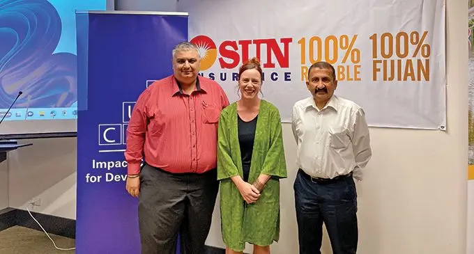 From left: Sun Insurance principal officer Tarlochan Singh, Head of Pacific Subregional Office, UNDRR Gabrielle Emery and UN Capital Development Fund Global Lead - Climate Disaster Risk Financing & Insurance Krishnan Narasimhan at Sun Insurance, Kaunikuila House Suva on September 19, 2023. Photo: Jernese Macanawai