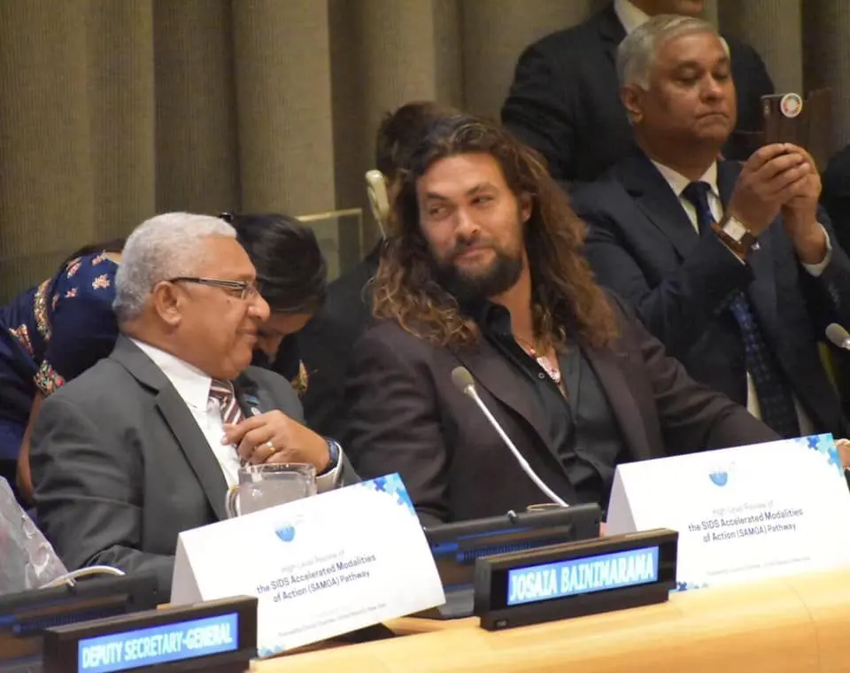 The Prime Minister Voreqe Bainimarama and Jason Momoa sharing small islands insights at UN headquarters.