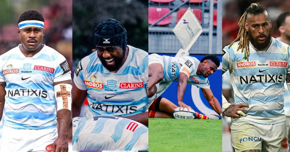 From left: Vinaya Habosi, Seru Uru, Warne Naituvi and Nathan Hughes during their 55-25 win over Perpignan in their Top 14 round five clash on October 3, 2026. 