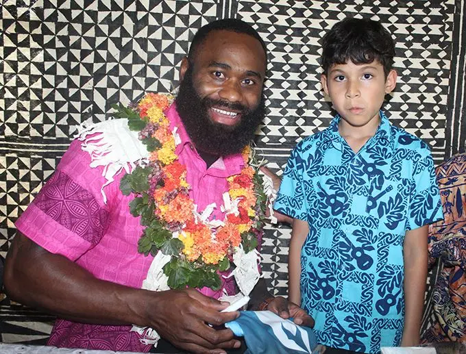 Rugby star Semi Radradra  with a fan at the Soqosoqo Vakamarama Hall in Nabua,Suva on October 19,2019.Photo:Simione Haravanua.