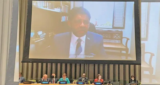 Attorney-General Aiyaz Sayed-Khaiyum addressing the 2022 ECOSOC Forum on Financing for Development.