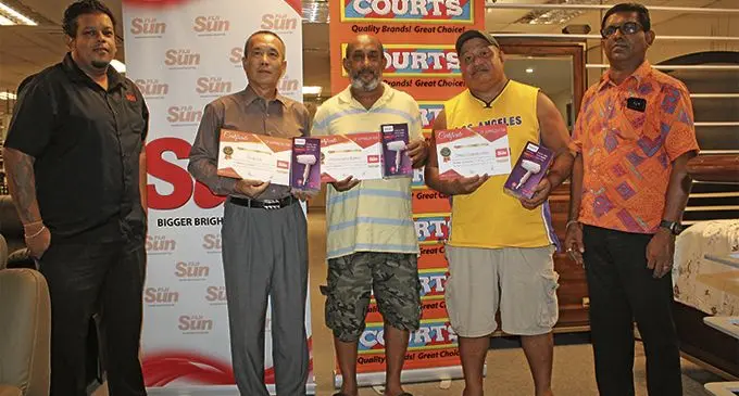 From left: Fiji Sun Circulation and Marketing manager Rajiv Raj, Feng Liu, Dharmendra Kumar, Timoci Gaunavinaka and Courts Samabula retail manager Vimlesh Prasad on February 20, 2019. Photo: Ronald Kumar