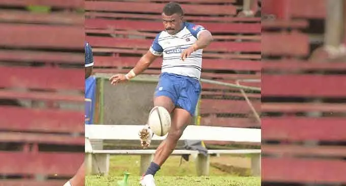 Jack’s Nadi first five eight Kitione Taliga kicks a penalty against Tailevu in the Skipper Fiji Rugby Championship clash at Ratu Cakobau Park, Nausori, on July 9, 2022. Photo: Ronald Kumar