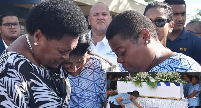 Fiji Airport Staffs (Tima Colamati, Sanjana MiIshra and Wendy Soqolala  grieve  after the departure of the body of their CEO at the Nadi International Airport. Photo: Mereleki Nai