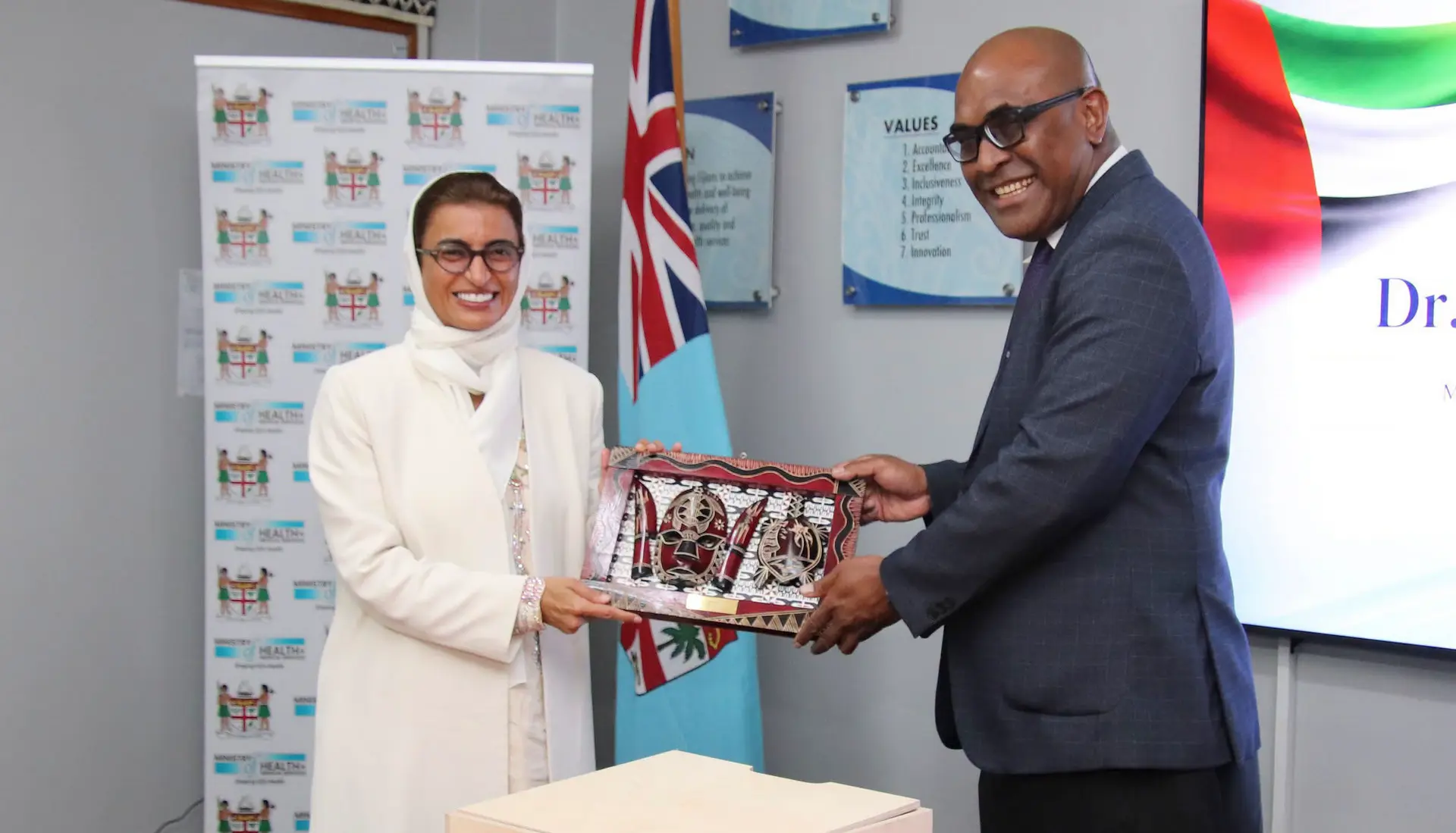 Minister for Health and Medical Services Ratu Atonio Lalabalavu and UAE Minister of State for Foreign Affairs Dr Noura Mohamed Al Kaabi during her first official visit to Fiji.